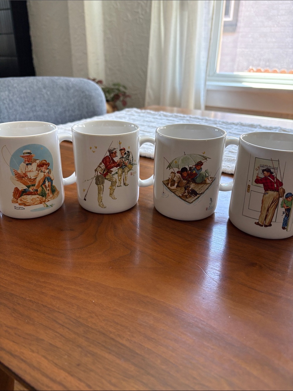 Norman Rockwell Fishing theme, White Ceramic Museum Collection’s 1987 - 4-Pack